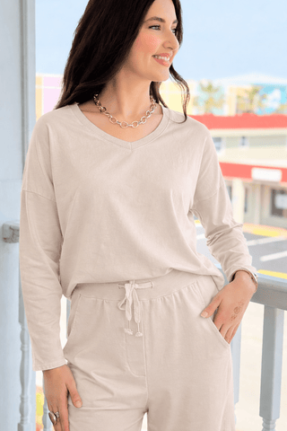Alys Italian French Terry V-Neck Top- Ecru
