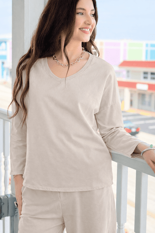 Alys Italian French Terry V-Neck Top- Ecru