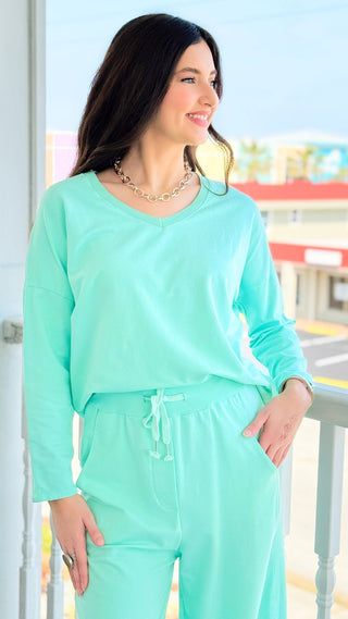 Alys Italian French Terry V-Neck Top- Mint
