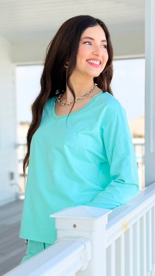 Alys Italian French Terry V-Neck Top- Mint