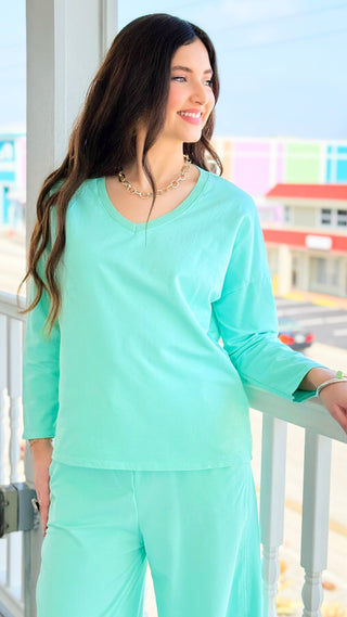 Alys Italian French Terry V-Neck Top- Mint