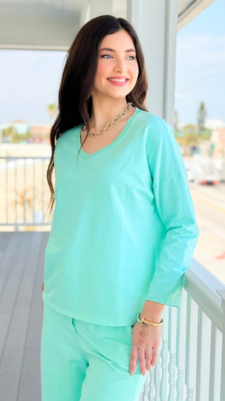 Alys Italian French Terry V-Neck Top- Mint