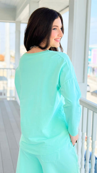 Alys Italian French Terry V-Neck Top- Mint