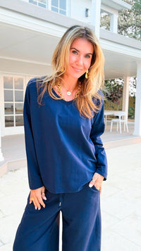 Alys Italian French Terry V-Neck Top- Navy