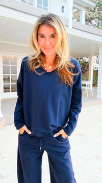 Alys Italian French Terry V-Neck Top- Navy
