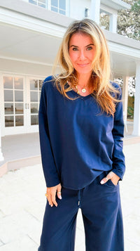 Alys Italian French Terry V-Neck Top- Navy