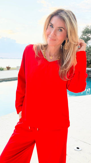 Alys Italian French Terry V-Neck Top- Red
