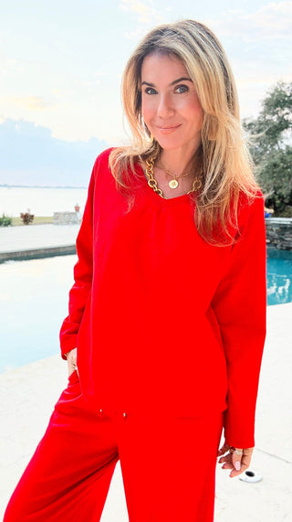 Alys Italian French Terry V-Neck Top- Red
