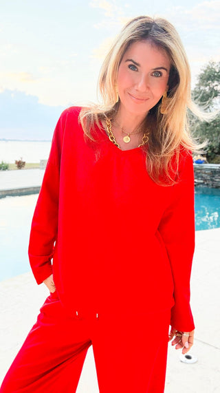 Alys Italian French Terry V-Neck Top- Red