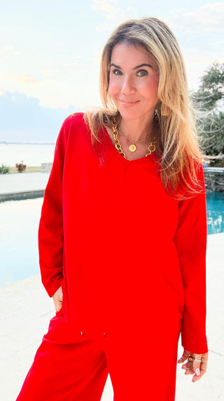 Alys Italian French Terry V-Neck Top- Red