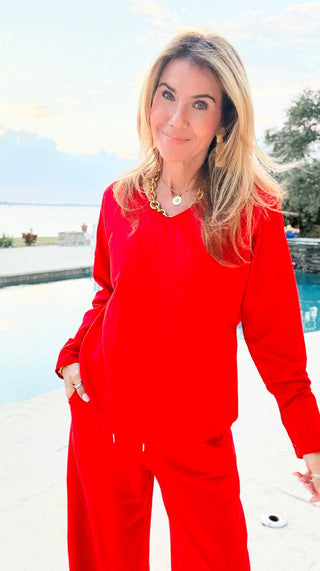 Alys Italian French Terry V-Neck Top- Red