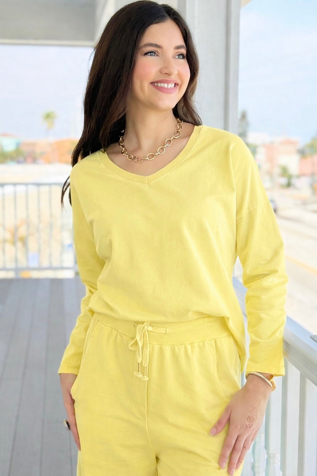 Alys Italian French Terry V-Neck Top- Yellow