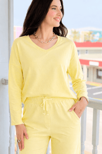Alys Italian French Terry V-Neck Top- Yellow