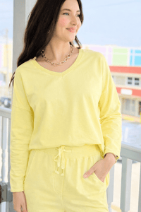 Alys Italian French Terry V-Neck Top- Yellow