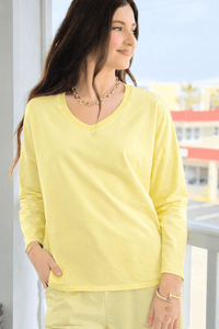 Alys Italian French Terry V-Neck Top- Yellow