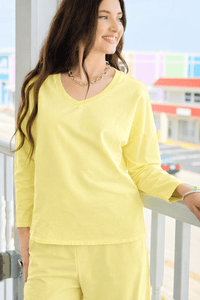 Alys Italian French Terry V-Neck Top- Yellow