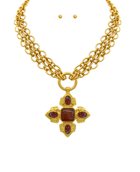 Vintage Cross Pendant Necklace - Brown/VintageGold