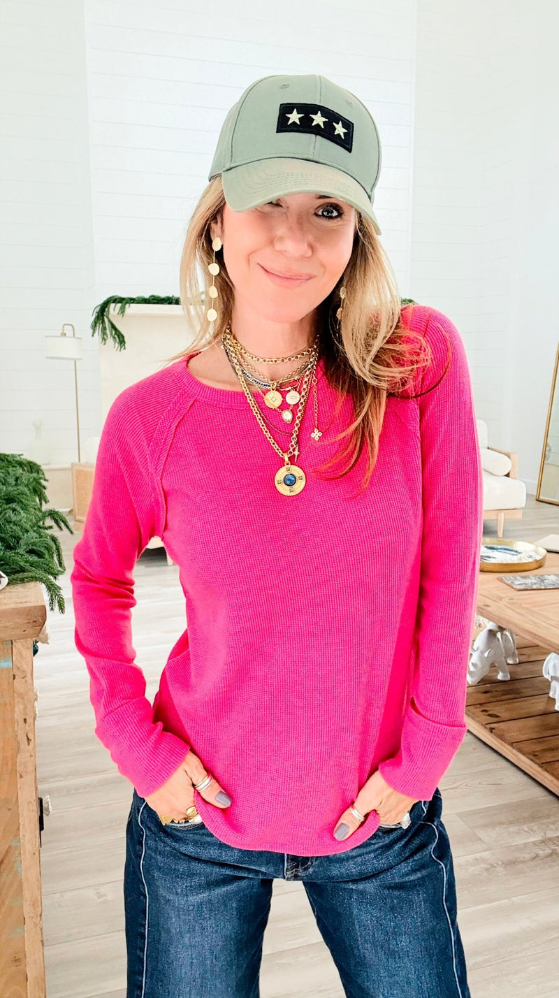 Baby Waffle Long Sleeve Top - Fuchsia-110 Long Sleeve Tops-Zenana-Coastal Bloom Boutique, find the trendiest versions of the popular styles and looks Located in Indialantic, FL