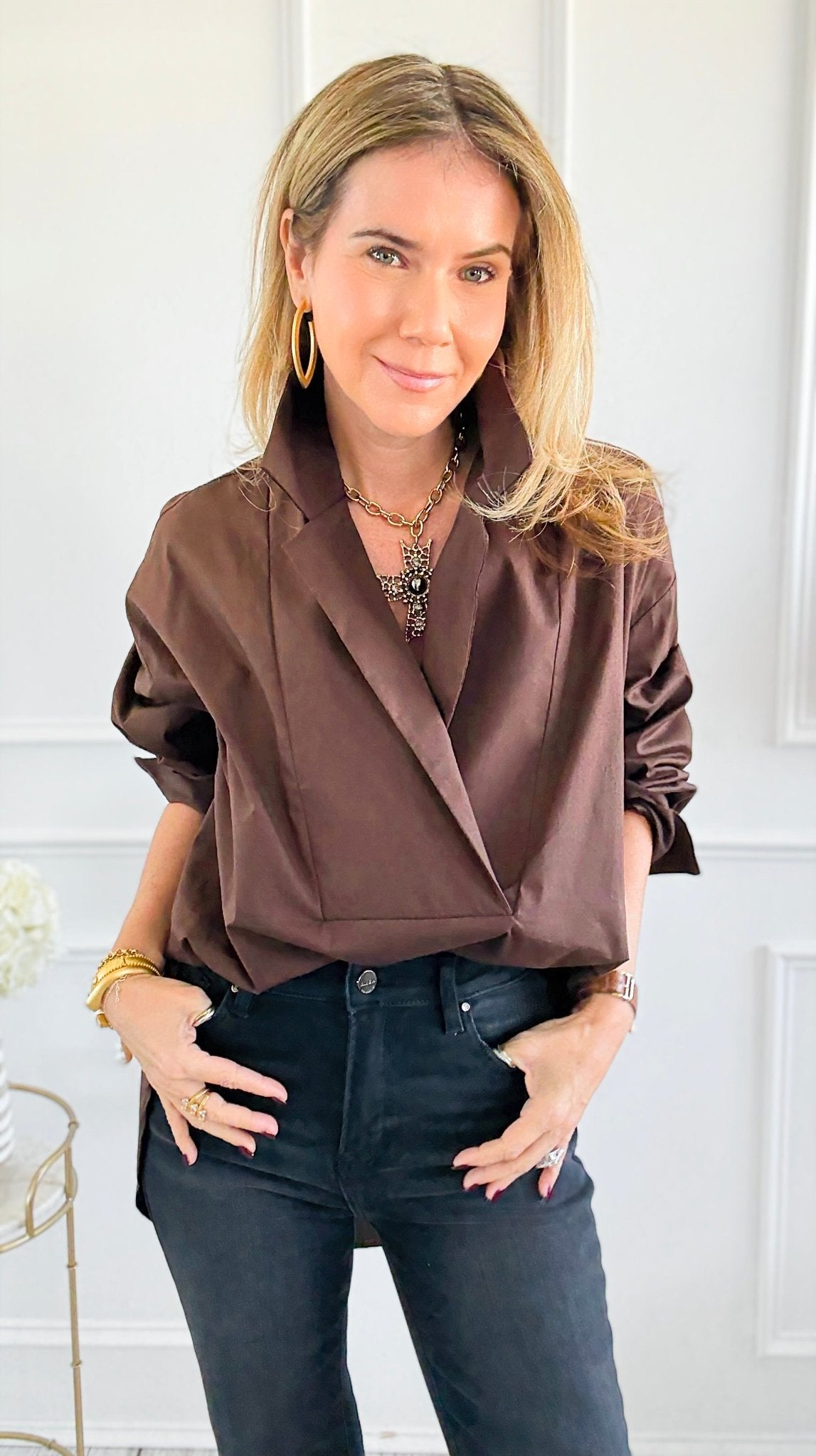 Bacall Italian Long Sleeve Top- Chocolate-110 Long Sleeve Tops-TATTOO Z-Coastal Bloom Boutique, find the trendiest versions of the popular styles and looks Located in Indialantic, FL