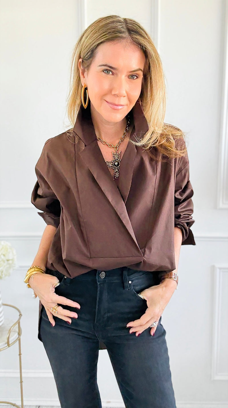 Bacall Italian Long Sleeve Top- Chocolate-110 Long Sleeve Tops-TATTOO Z-Coastal Bloom Boutique, find the trendiest versions of the popular styles and looks Located in Indialantic, FL