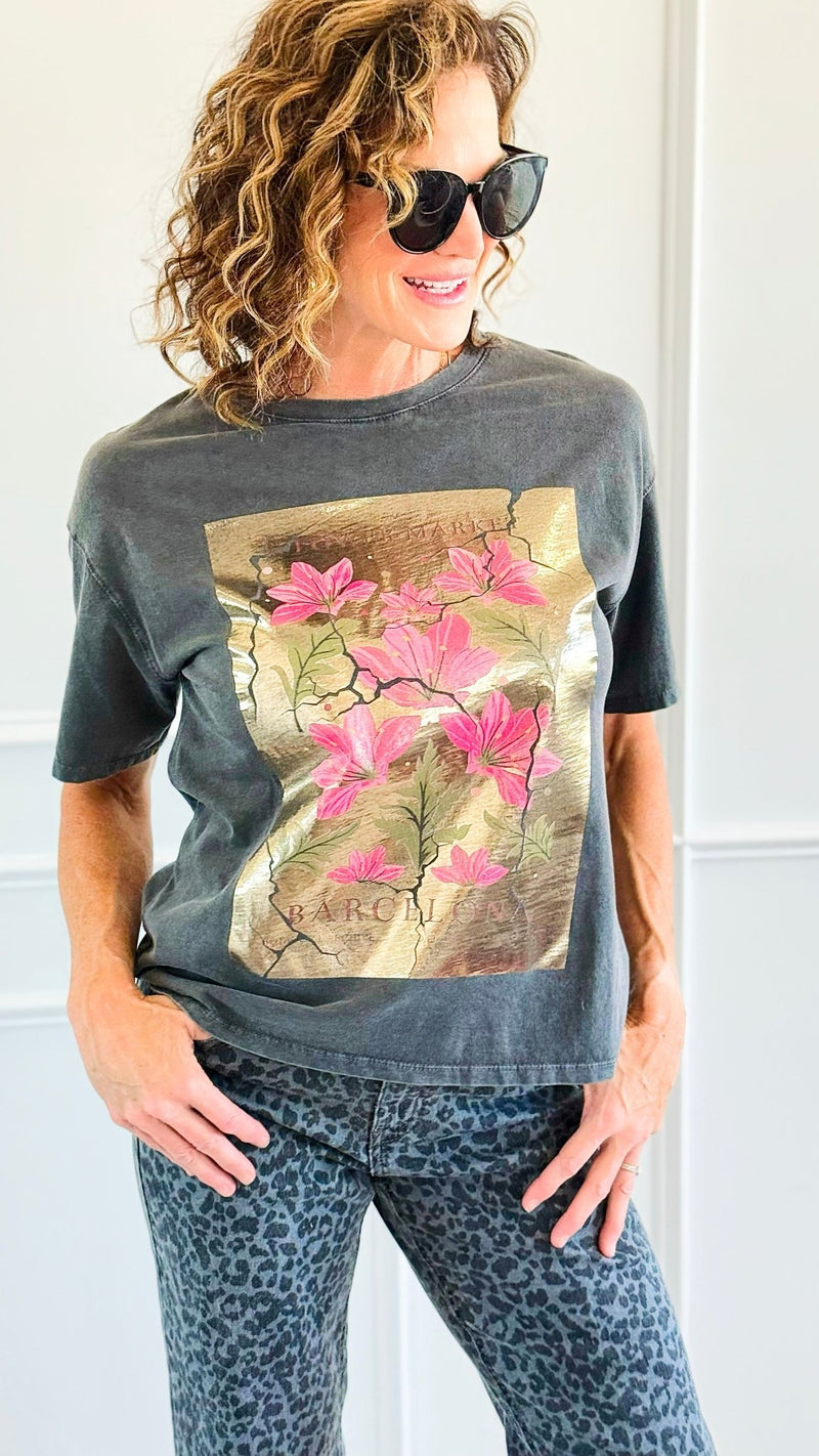 Barcelona Bloom Italian Graphic Tee-110 Short Sleeve Tops-FIRSTAGE-Coastal Bloom Boutique, find the trendiest versions of the popular styles and looks Located in Indialantic, FL