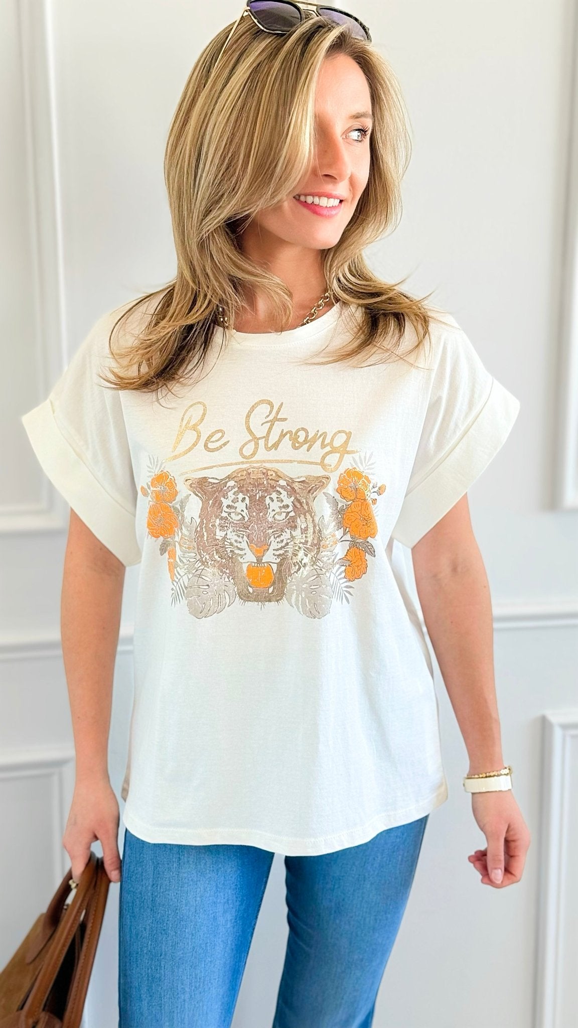 Be Strong Italian Graphic Tee-110 Short Sleeve Tops-FIRSTAGE-Coastal Bloom Boutique, find the trendiest versions of the popular styles and looks Located in Indialantic, FL