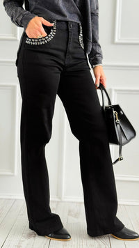 Black Bedazzled Denim Pants-100 Pants-SASU UNICORN-Coastal Bloom Boutique, find the trendiest versions of the popular styles and looks Located in Indialantic, FL