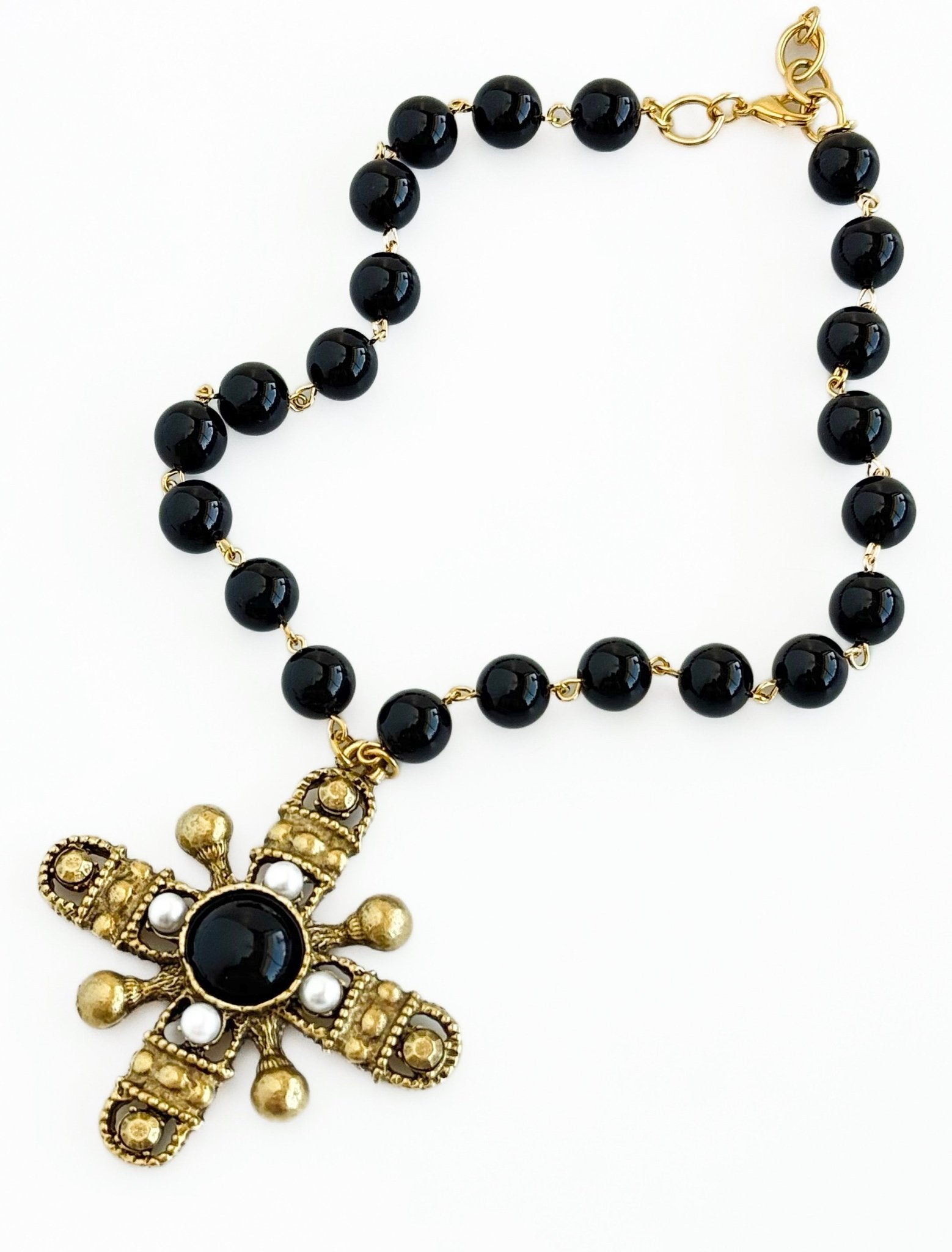 Black Stone Chunky Cross Pearl Necklace- Black - YOCHI-230 Jewelry-YOCHI-Coastal Bloom Boutique, find the trendiest versions of the popular styles and looks Located in Indialantic, FL