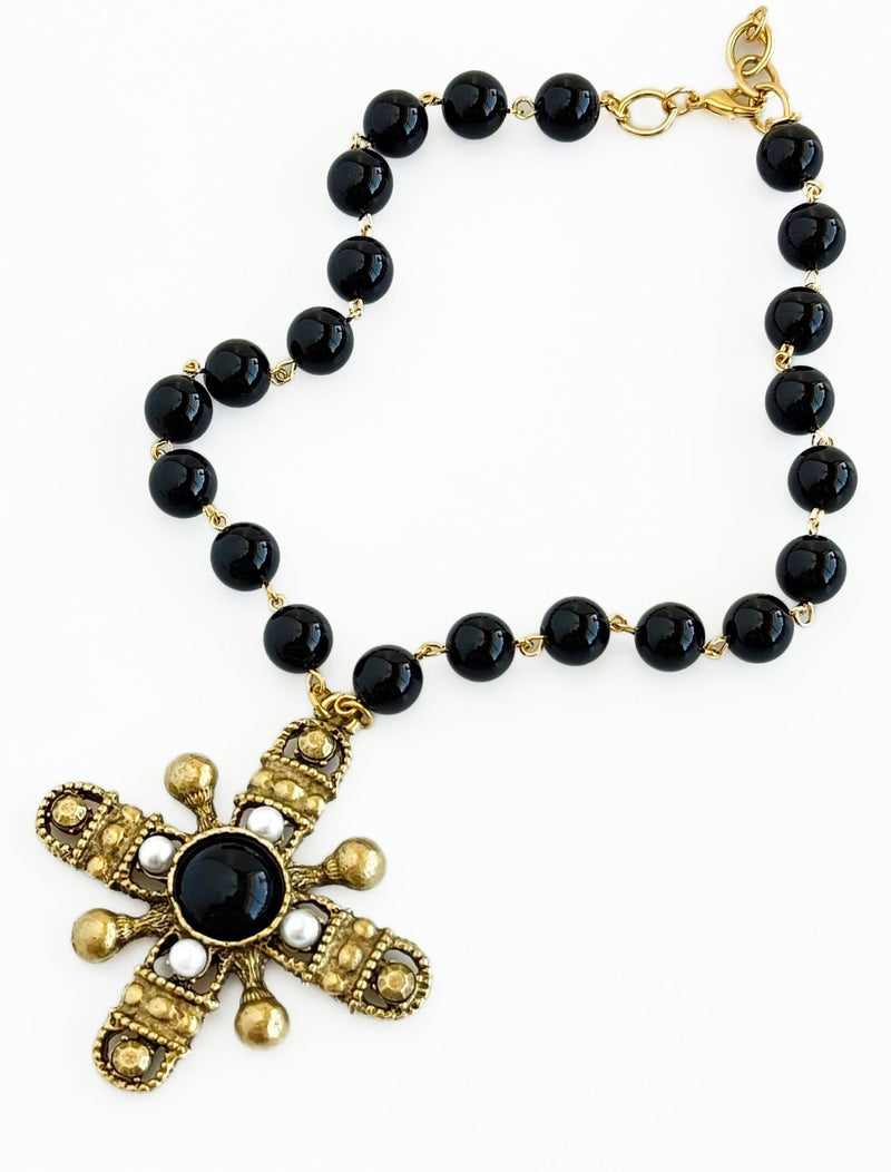 Black Stone Chunky Cross Pearl Necklace- Black - YOCHI-230 Jewelry-YOCHI-Coastal Bloom Boutique, find the trendiest versions of the popular styles and looks Located in Indialantic, FL