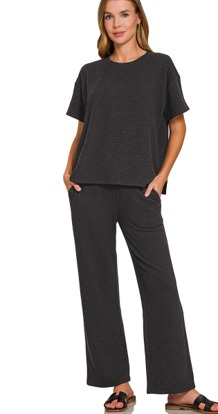 Relax Mode Two-Piece Slub Knit Set - Black-210 Loungewear/Sets-Zenana-Coastal Bloom Boutique, find the trendiest versions of the popular styles and looks Located in Indialantic, FL