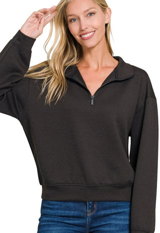 Chic Quarter-Zip Sweatshirt - Black-130 Long Sleeve Tops-Zenana-Coastal Bloom Boutique, find the trendiest versions of the popular styles and looks Located in Indialantic, FL