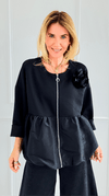 Bloom Effect Italian Zip Jacket- Black-160 Jackets-MAY MODA-Coastal Bloom Boutique, find the trendiest versions of the popular styles and looks Located in Indialantic, FL