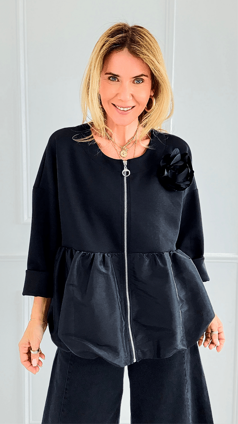 Bloom Effect Italian Zip Jacket- Black-160 Jackets-MAY MODA-Coastal Bloom Boutique, find the trendiest versions of the popular styles and looks Located in Indialantic, FL