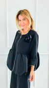 Bloom Effect Italian Zip Jacket- Black-160 Jackets-MAY MODA-Coastal Bloom Boutique, find the trendiest versions of the popular styles and looks Located in Indialantic, FL