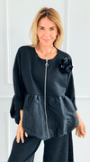 Bloom Effect Italian Zip Jacket- Black-160 Jackets-MAY MODA-Coastal Bloom Boutique, find the trendiest versions of the popular styles and looks Located in Indialantic, FL