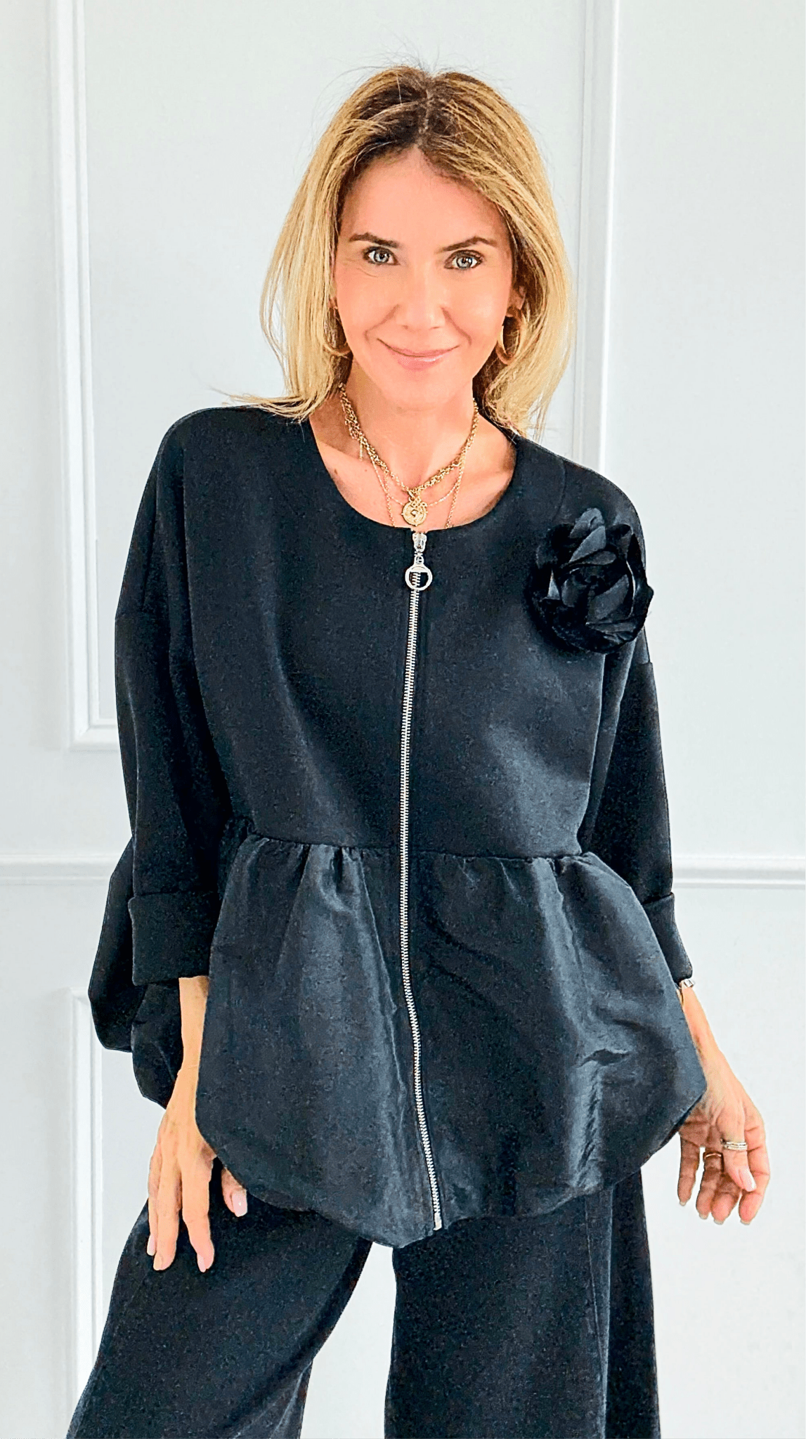 Bloom Effect Italian Zip Jacket- Black-160 Jackets-MAY MODA-Coastal Bloom Boutique, find the trendiest versions of the popular styles and looks Located in Indialantic, FL