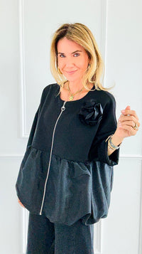Bloom Effect Italian Zip Jacket- Black-160 Jackets-MAY MODA-Coastal Bloom Boutique, find the trendiest versions of the popular styles and looks Located in Indialantic, FL