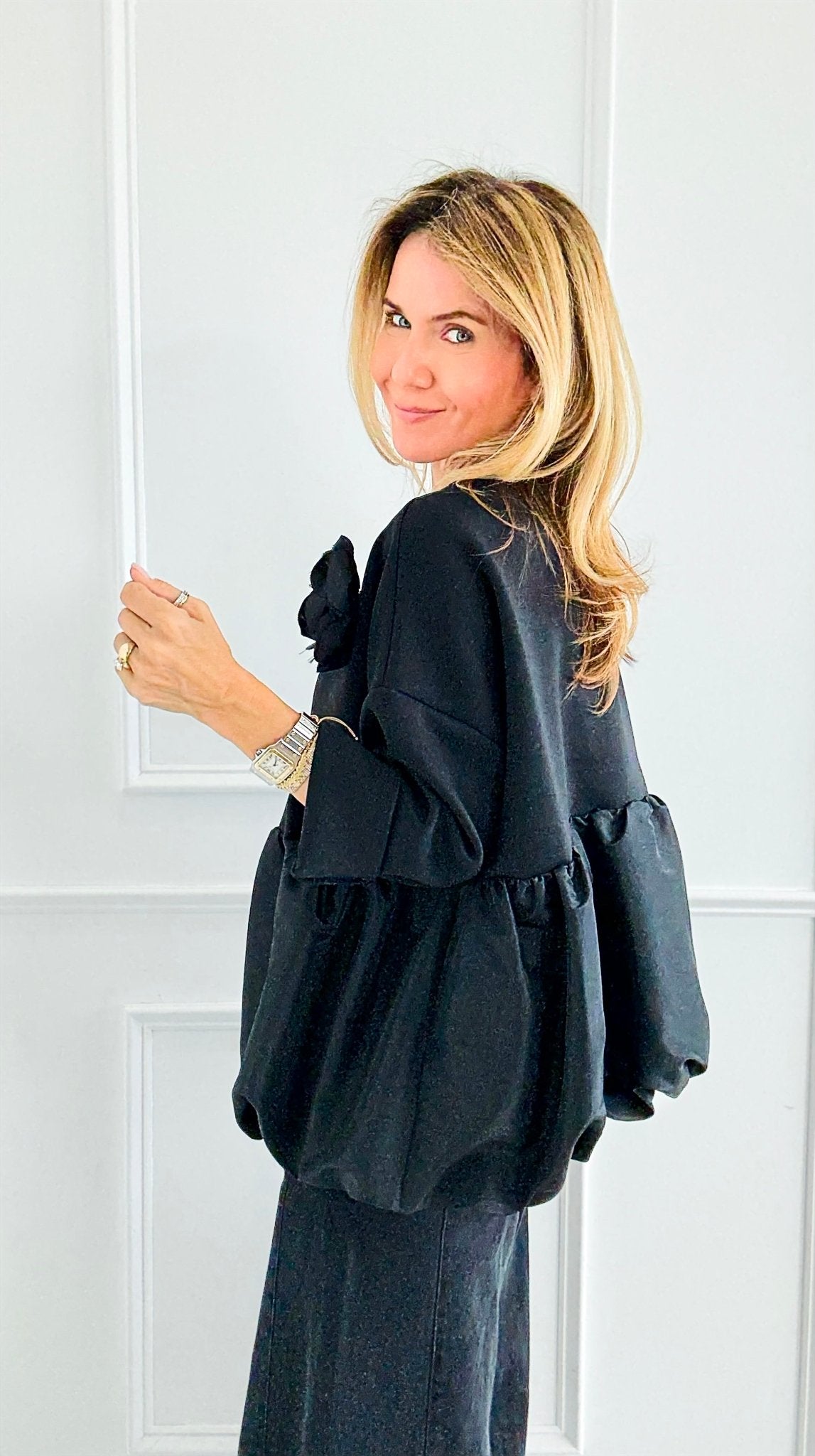 Bloom Effect Italian Zip Jacket- Black-160 Jackets-MAY MODA-Coastal Bloom Boutique, find the trendiest versions of the popular styles and looks Located in Indialantic, FL