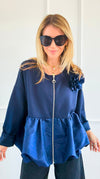 Bloom Effect Italian Zip Jacket- Navy-160 Jackets-MAY MODA-Coastal Bloom Boutique, find the trendiest versions of the popular styles and looks Located in Indialantic, FL