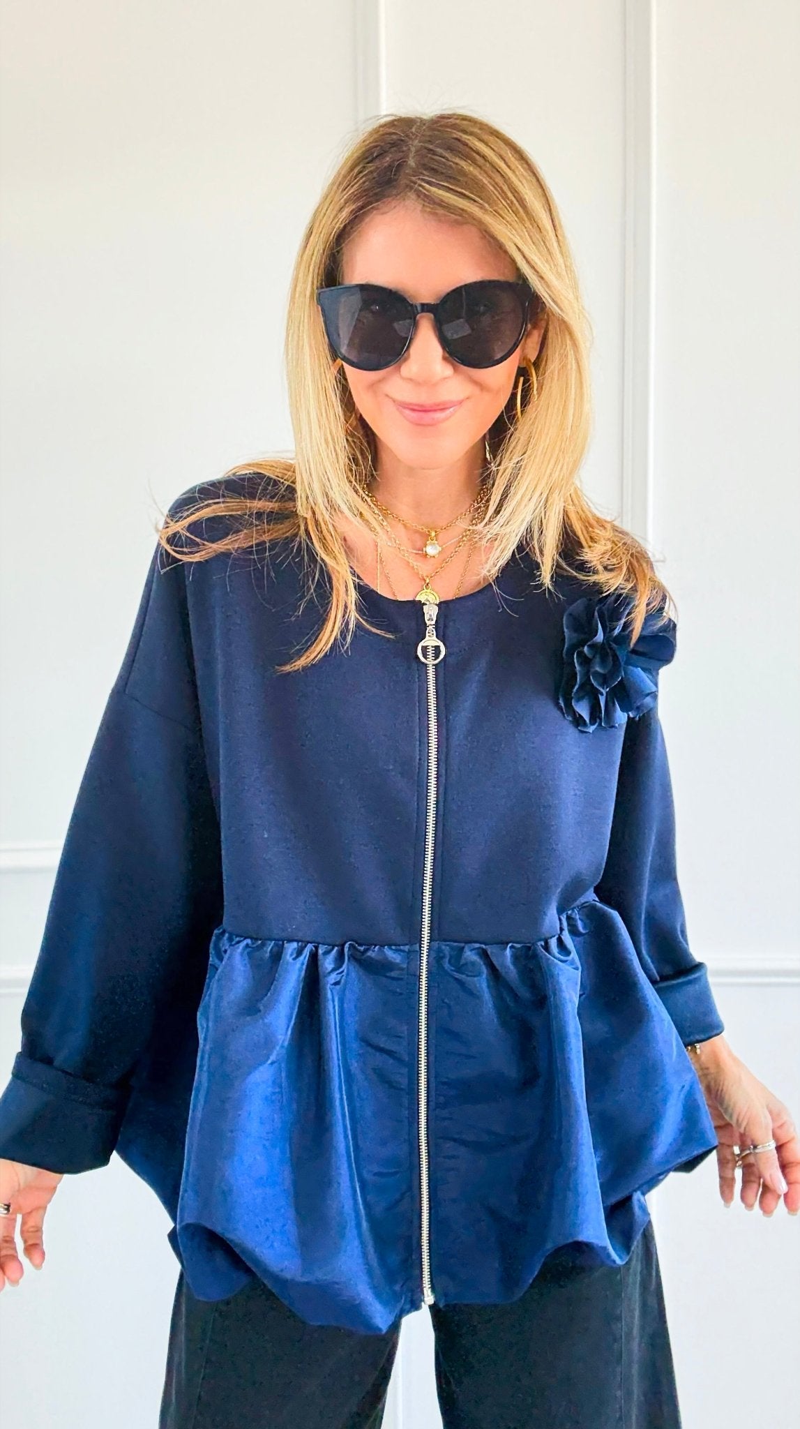 Bloom Effect Italian Zip Jacket- Navy-160 Jackets-MAY MODA-Coastal Bloom Boutique, find the trendiest versions of the popular styles and looks Located in Indialantic, FL