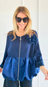 Bloom Effect Italian Zip Jacket- Navy-160 Jackets-MAY MODA-Coastal Bloom Boutique, find the trendiest versions of the popular styles and looks Located in Indialantic, FL