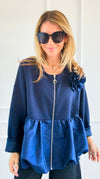 Bloom Effect Italian Zip Jacket- Navy-160 Jackets-MAY MODA-Coastal Bloom Boutique, find the trendiest versions of the popular styles and looks Located in Indialantic, FL