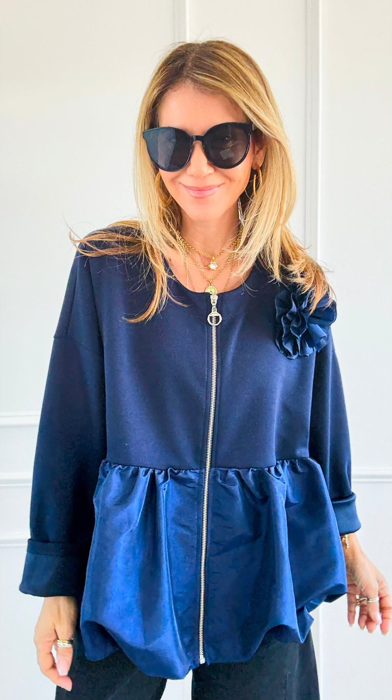 Bloom Effect Italian Zip Jacket- Navy-160 Jackets-MAY MODA-Coastal Bloom Boutique, find the trendiest versions of the popular styles and looks Located in Indialantic, FL