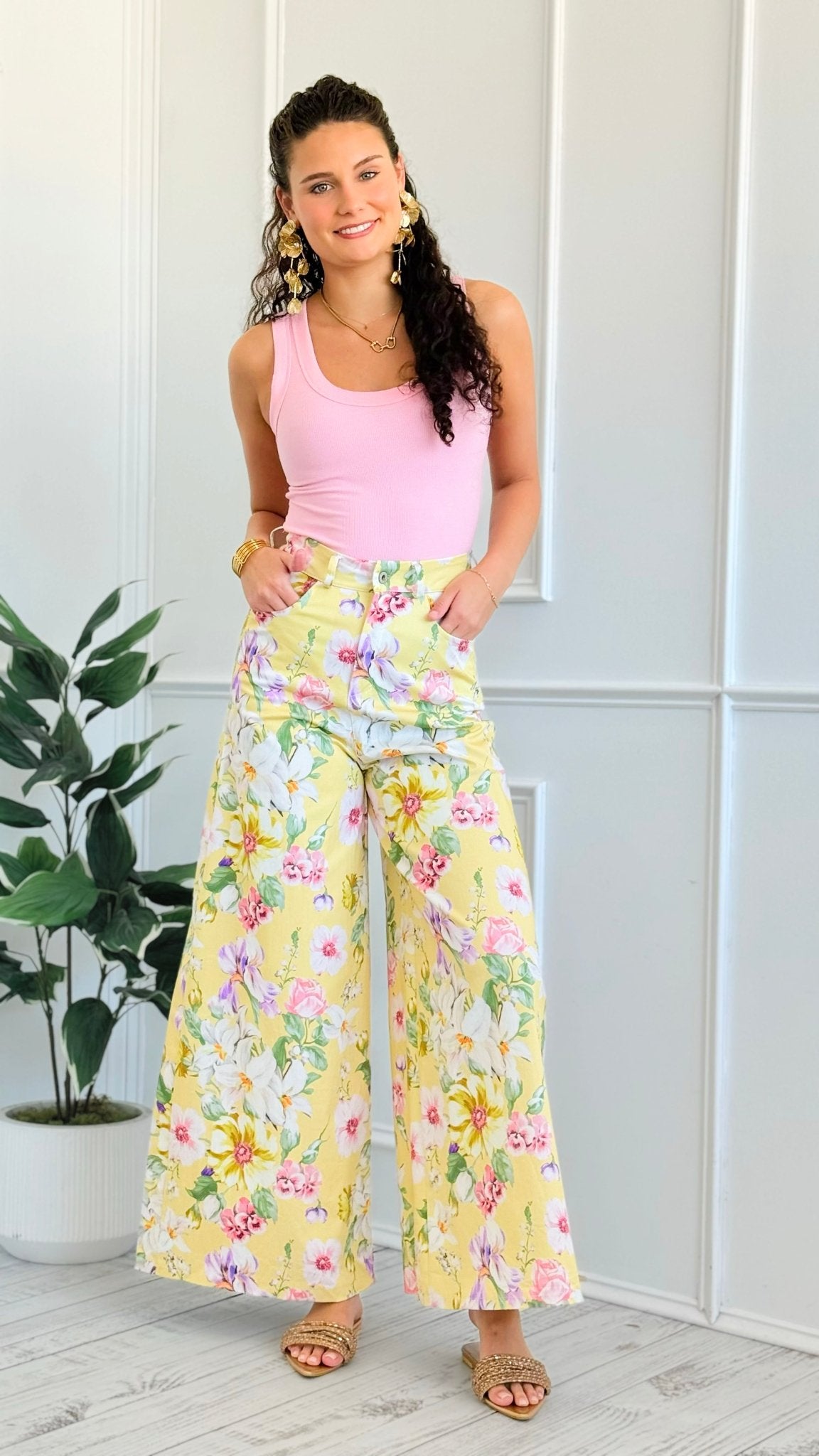 Blooming Field Italian Wide- Leg Pant- Yellow
