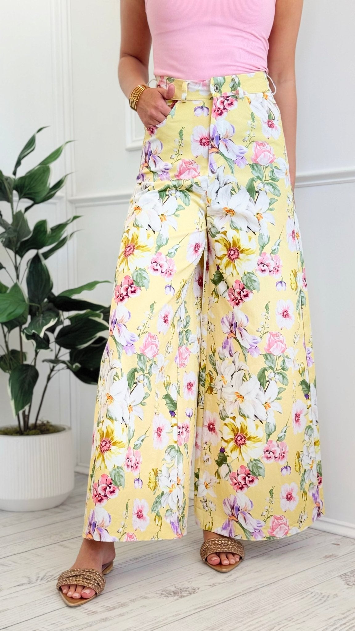 Blooming Field Italian Wide- Leg Pant- Yellow