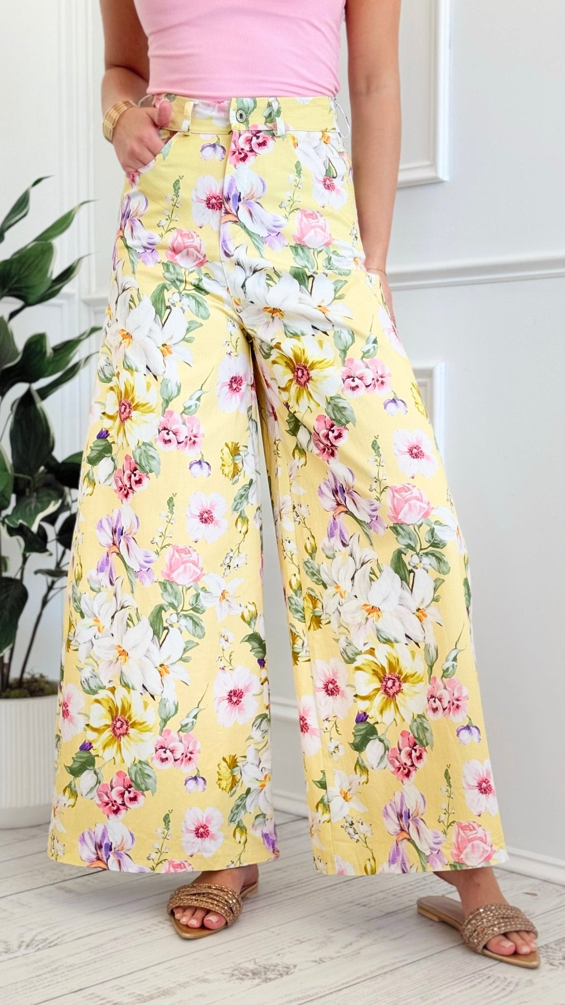 Blooming Field Italian Wide- Leg Pant- Yellow