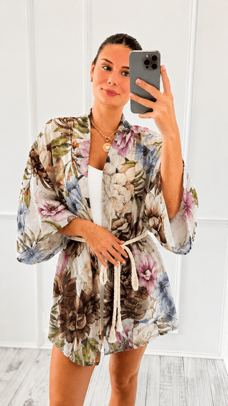 Blooming Romance Italian Linen Kimono- Brown