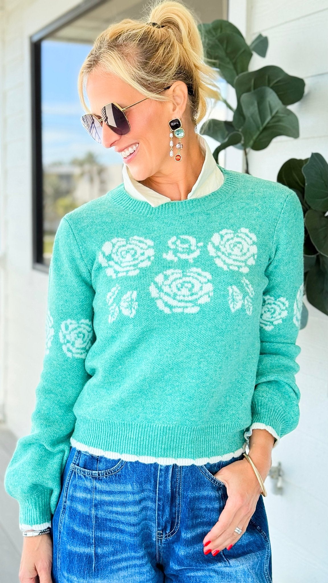 Blooming Whispers Lantern Sleeve Sweater-140 Sweaters-LovLov-Coastal Bloom Boutique, find the trendiest versions of the popular styles and looks Located in Indialantic, FL