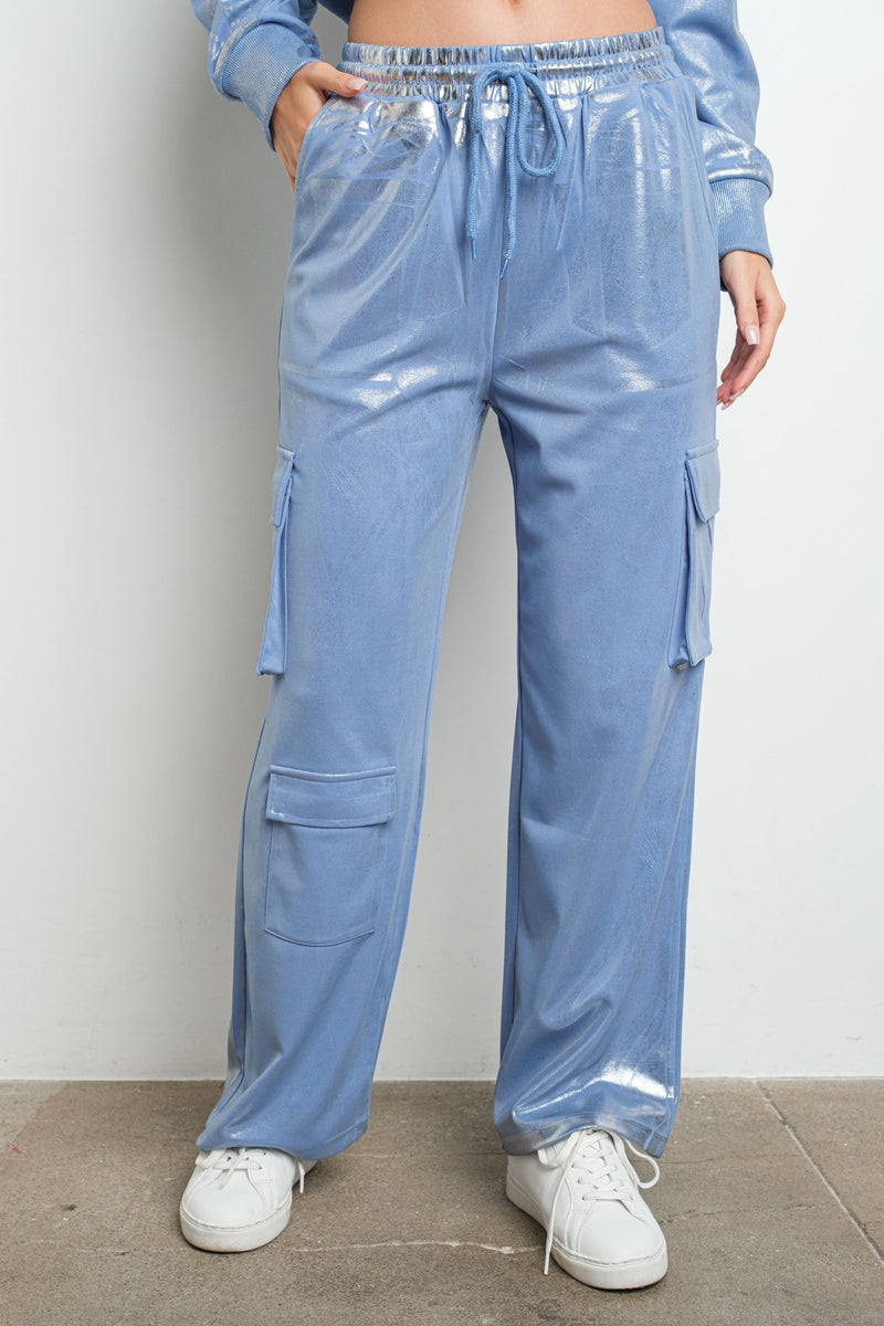 Metallic Cargo Sweatpants - Blue-170 Bottoms-KIWI-Coastal Bloom Boutique, find the trendiest versions of the popular styles and looks Located in Indialantic, FL