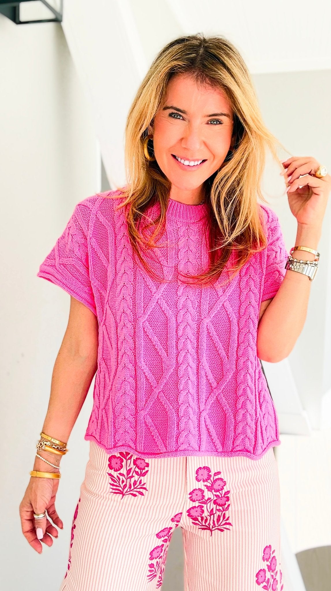 Blush Harbor Cable Knit Sweater Tee - Pink